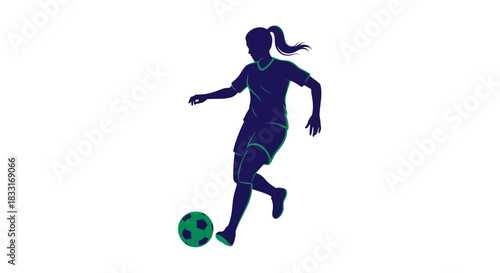 Dynamic female soccer athlete silhouette striking a powerful pose with a green ball