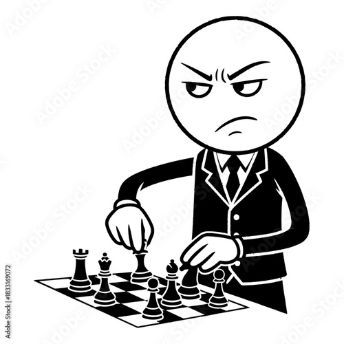 Monochrome Cartoon Figure in Suit Concentrating on Chess Game