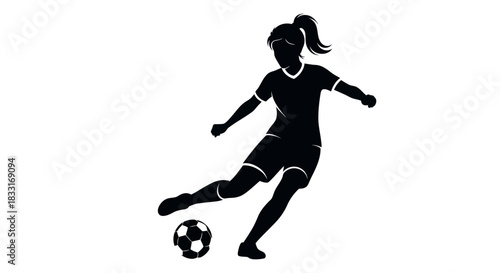 Dynamic female soccer player silhouette in powerful kick motion on white background illustration