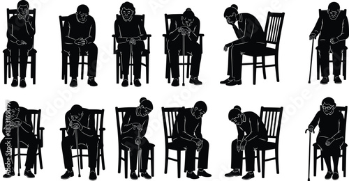 Elderly woman sitting silhouette poses, senior female with cane, aging concept, loneliness illustration, mobility support, chair sequence