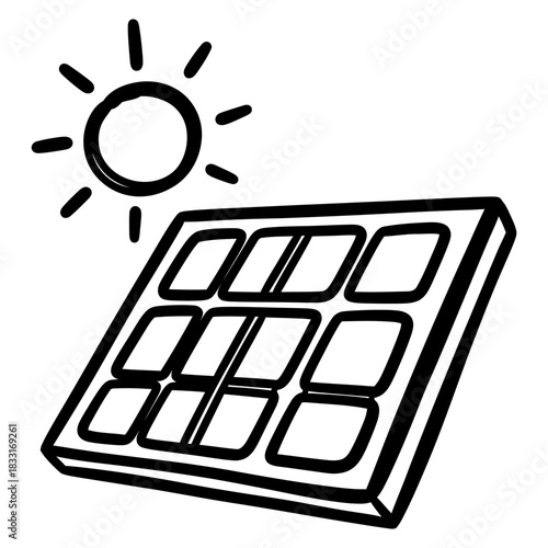 Hand-drawn Solar Panel and Sun Icon, Renewable Energy Outline Drawing