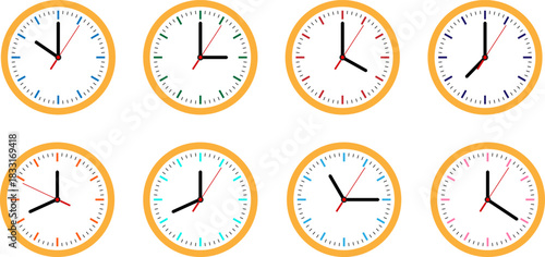 Collection of eight oval clocks showing different times with roman numerals