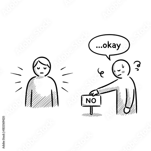 Monochrome Hand-Drawn Sketch Illustrating Reluctance and Rejection