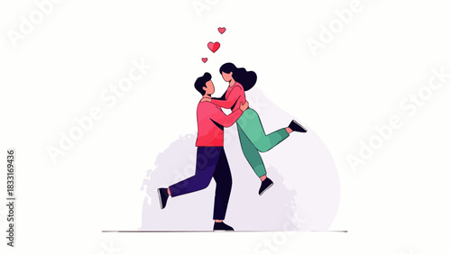 Flat vector illustration of a loving man lifting a woman. Ideal for themes of love, relationships, marriage, or couple happiness.