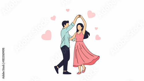 Flat vector illustration of a couple dancing together in a romantic embrace with their hands raised. Celebrating love with their partner.