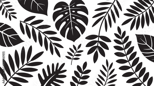 Monstera and fern leaves pattern black and white tropical botanical design
