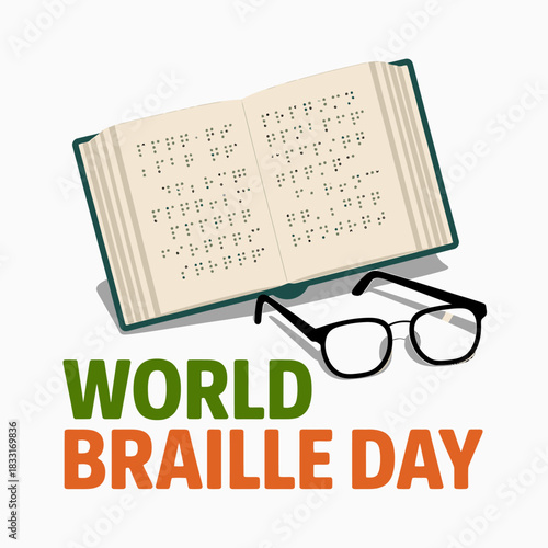 World braille day illustration featuring an open braille book and reading glasses, isolated on