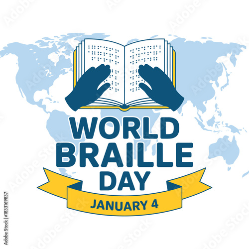 World braille day january 4 graphic illustration featuring hands reading a braille book against a light blue world map background