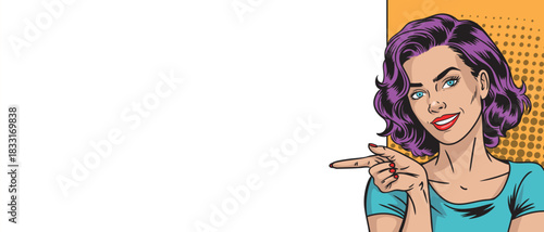 A beautiful girl in pop art style points to a banner