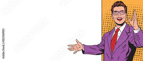 A man in pop art style points to a banner