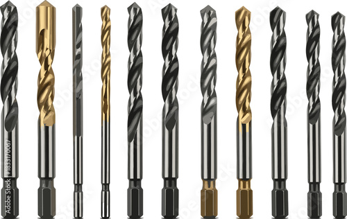 Drill bit illustration set, hex shank, spiral flutes, titanium coating, tool icons, vector artwork, white background