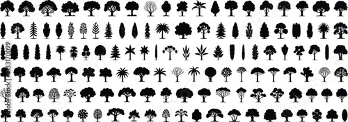 Tree silhouette collection, diverse forest icons, black botanical shapes, nature vector set, assorted tree designs, landscape elements pack, foliage graphic bundle