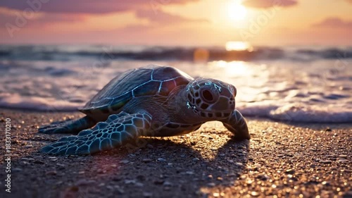 Baby tortoise making its way across the sandy beach at sunset