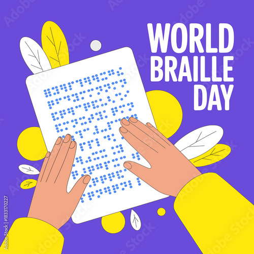 Hands reading braille document celebrating world braille day with yellow and white leaf decoration on purple background vector illustration