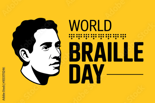 World braille day graphic featuring a profile illustration of a man next to text celebrating the international observance for the visually impaired