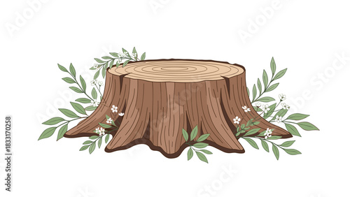 Enchanting tree stump adorned with delicate flowers and foliage, perfect for whimsical designs and nature inspired projects