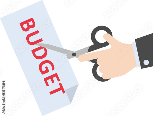 Businessman with a giant scissor cutting a budget block. Concept of finance project reduction or budget management. Flat vector illustration.

