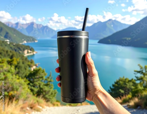 Travel tumbler against scenic background, ideal hydration on outdoor adventures