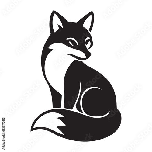 Black and white stylized silhouette of a seated fox with pointed ears, white-tipped tail, and forward gaze.