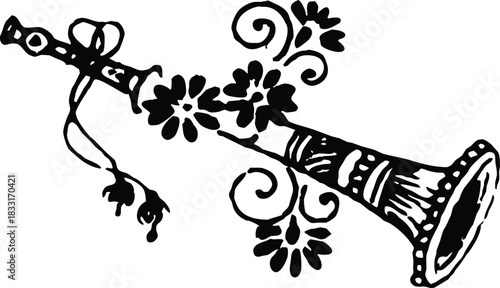 Ornate black and white shahnai illustration with floral and scroll decorative elements artwork isolated on transparent background, Vector