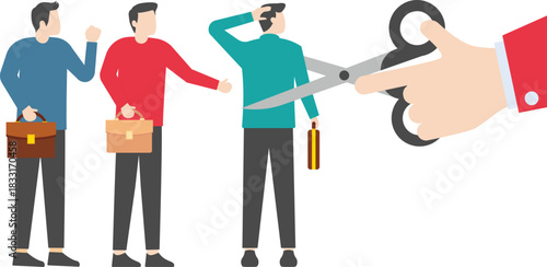 Layoffs, being fired, laid off or unemployed, massive layoffs at a company in a recession, hands holding scissors to cut off employees standing in a row

