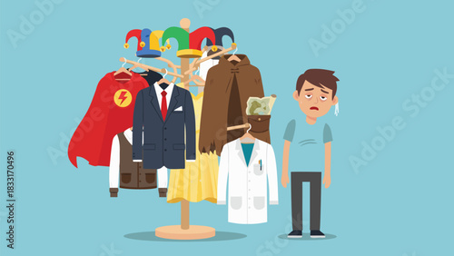 Vector Illustration of a busy professional juggling multiple tasks with flaming clocks, papers, and office items while meditating on a cloud.