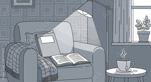 Cozy home reading corner with armchair, books, warm tea, and lamp light at night
