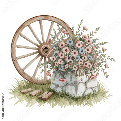 Rustic wagon wheel meets delicate floral arrangement on a stone base evoking serene countryside