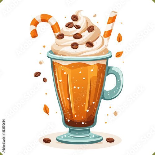 Vector illustration of a creamy latte dessert in a glass with whipped cream, caramel, chocolate pieces, gingerbread man, isolated on a white background. Vector illustration of winter beverage
