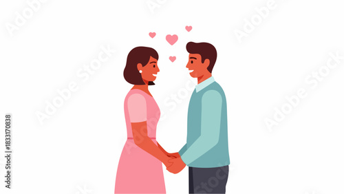 Flat vector illustration of a smiling man and woman looking at each other lovingly. A happy young couple sharing an intimate moment on Valentine's Day.