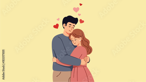 Flat vector illustration of a young couple hugging tightly while standing. Concept of romance, relationships, and affection. Perfect for Valentine's Day, social media posts, or promotions.