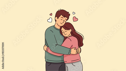 Flat vector illustration of a young couple hugging tightly while standing. Concept of romance, relationships, and affection. Perfect for Valentine's Day, social media posts, or promotions.