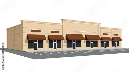 Modern commercial retail space with awnings and parking, perfect for showcasing your business in a vibrant urban setting