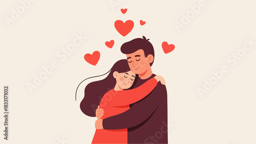 Flat vector illustration of a young couple hugging tightly while standing. Concept of romance, relationships, and affection. Perfect for Valentine's Day, social media posts, or promotions.