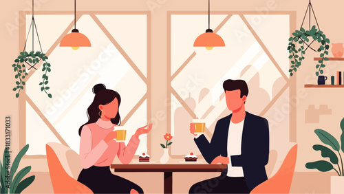 Flat vector illustration A man and a woman sitting at a round table facing each other, gesturing and listening with serious expressions, engaged in a deep conversation.