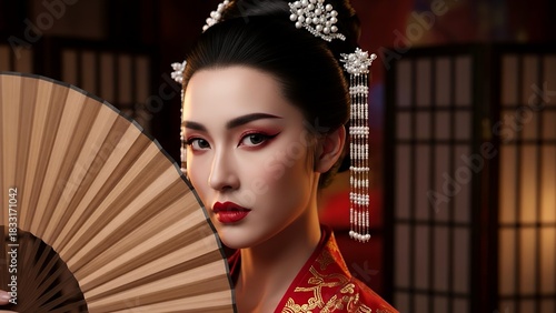 Young woman in red and gold attire celebrates Chinese New Year with fan