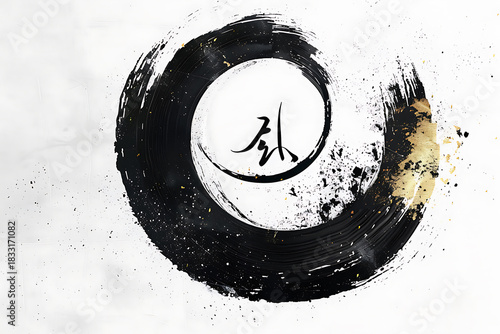 墨の円相と金の円弧が調和する和モダン構図