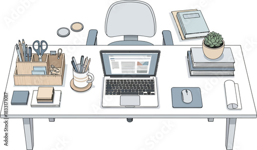 Minimalist Overhead Workspace with Laptop and Office Supplies for Productive Work