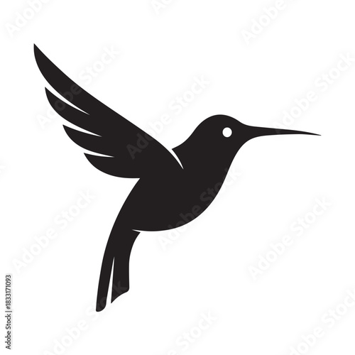 Black silhouette of a hummingbird in flight with wings raised, beak forward, and minimalist styling.