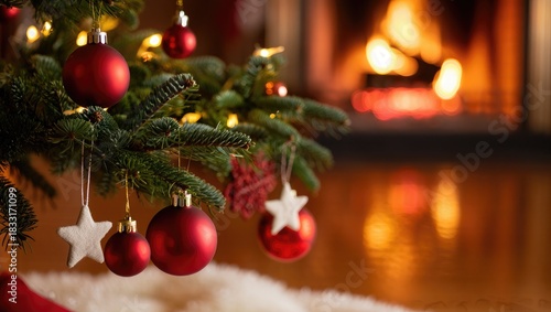 Christmas tree ornaments near a warm fireplace bauble