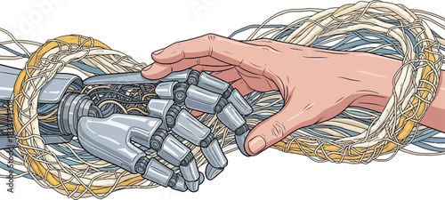 Human and Robot Hands Shaking Interconnected with Wires, Illustrating AI Partnership and Future Technology