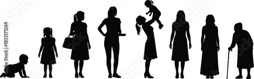 Female life stages silhouette progression, woman aging timeline illustration, childhood to elderly concept, generational development artwork sequence