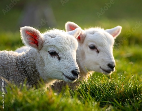 Two adorable lambs resting peacefully in a lush green meadow at sunrise