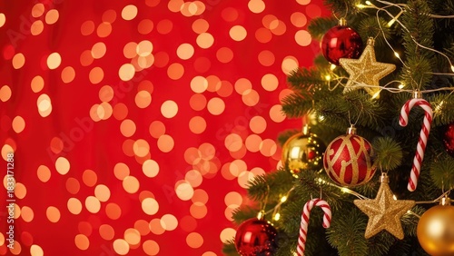 Christmas tree with red and gold ornaments and bokeh lights