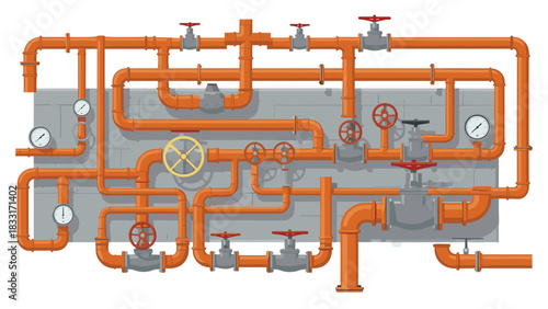 Complex industrial piping system with gauges and valves for plumbing or manufacturing solutions in vibrant orange and gray tones