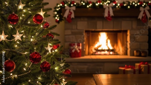 Christmas tree with red ornaments and fireplace with burning fire