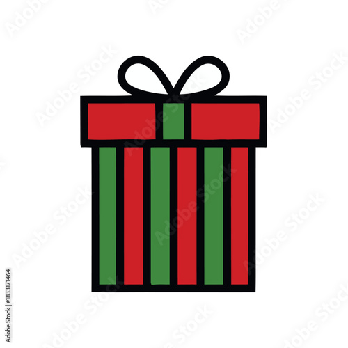 Festive Christmas Gift with Red Top and Green Striped Body with Black Outline