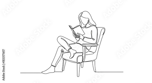Elegant minimalist artwork portraying a woman immersed in reading while comfortably seated