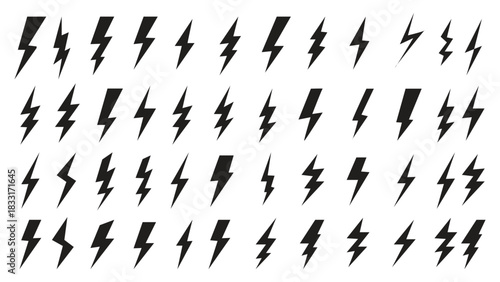 Lightning Bolt Icon Set. Flash Symbol, Thunderbolt Blitz Strike Sign. Electric Energy Black Silhouette Power Concept Vector Isolated Dynamic Sports Logo Collection