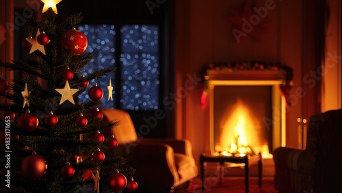 Cozy Christmas living room with decorated tree and fireplace